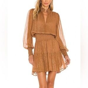 ALC‎ Silvie Smocked Mini Dress Womens 4 Butterscotch Gold Metallic
